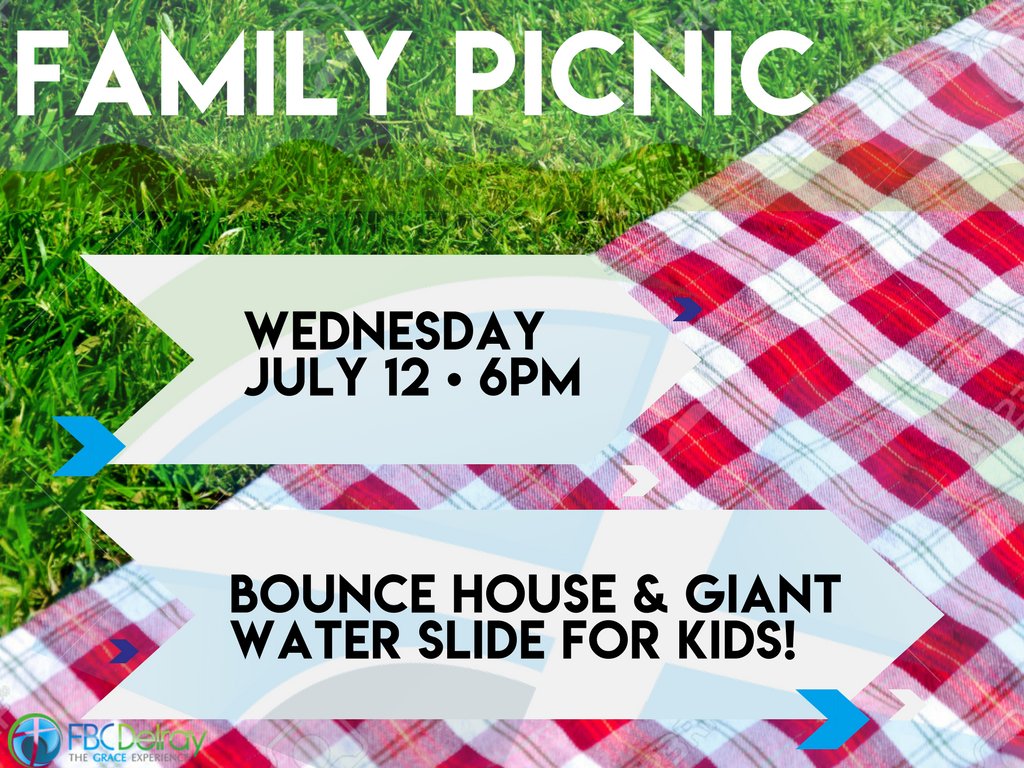 FBCDelray1's tweet photo. Join us this Wednesday night for our Church Picnic! Free food, bounce houses, and fun games! Invite your friends and family. #fbcdelray https://t.co/y9T7uy2ALl
