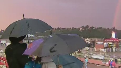 CBCCalgary's tweet photo. Calgary Stampede chuckwagon race cancelled due to rain, lightning https://t.co/unartzAbYi https://t.co/sSQCLtnNSz