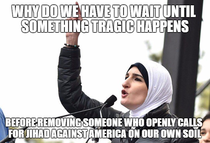 AmericanVoterUS's tweet photo. Instead of joining us to help DEFEAT jihad from the inside #LindaSarsour decides to call for it against our president .@realDonaldTrump https://t.co/2z4UHfJrRO