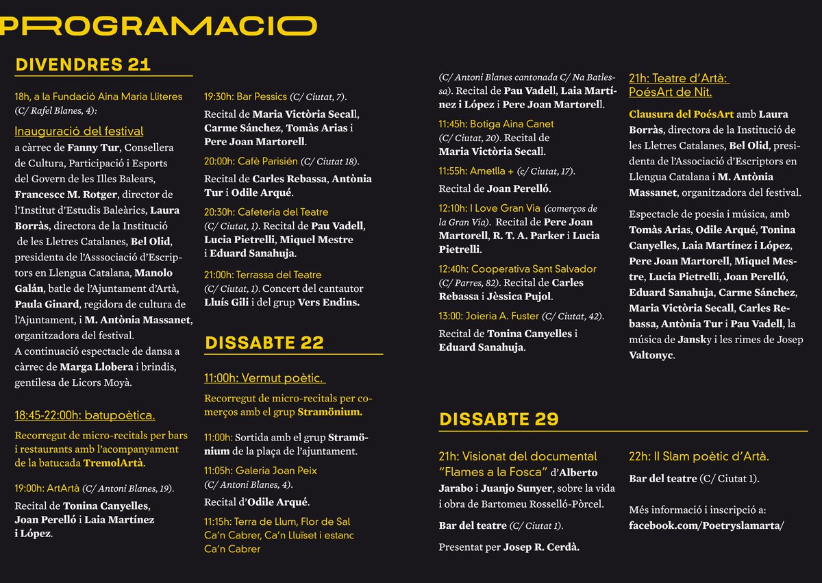 I per fi la progamació del PoésArt! <a href="/EscriptorsAELC/">AELC</a> <a href="/lletres/">Lletres catalanes</a> <a href="/lborras/">lborras, LauraBorras</a> <a href="/FannyTurRiera/">Fanny Tur Riera</a> @conselleriaCPE @illencIB <a href="/BelOlid/">Bel Olid</a> <a href="/manologalan71/">ManoloGalánMassanet</a>
