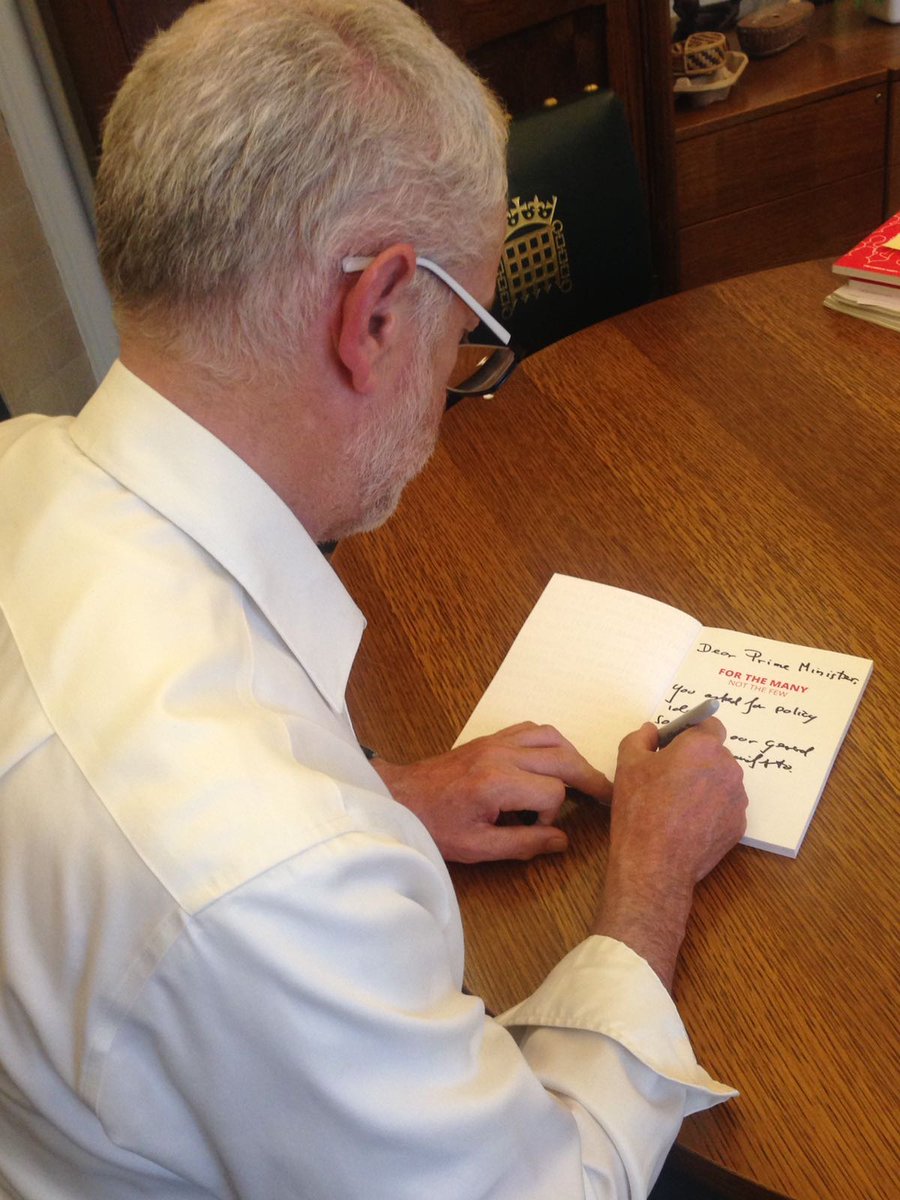 jeremycorbyn's tweet image. Dear @theresa_may, you asked for ideas so I've sent you our manifesto. I hope it helps to “clarify and improve” your policies #ForTheMany