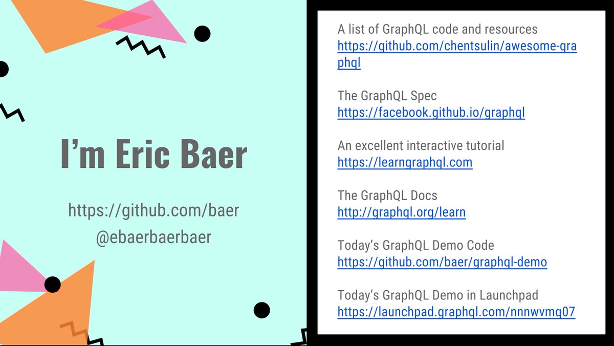 ebaerbaerbaer's tweet image. Here&apos;s a shot of the resources slide from the end of my talk. Go learn some #graphql

#ChainReact2017