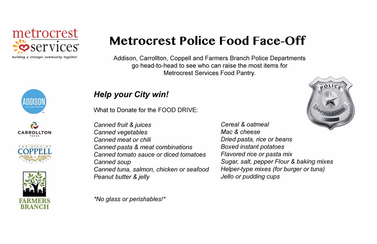 CoppellPolice's tweet photo. Now until 7/21 is 2nd annual @Metrocresthelps Food Face-Off, Help @CityofCoppell, @FBTXPD , @CarrolltonTXPD , and Addison PD collect food! https://t.co/OHlcmymekk