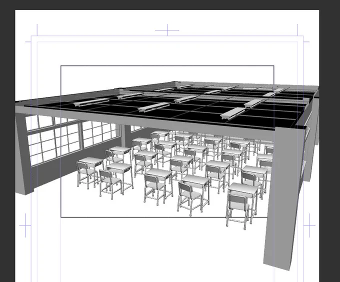 最近3Dを使った作画にハマってまして、この教室もクリップスタジオの3Dモデル使って描きました。やっぱこういう入り組んだ風景は形取るのが一番時間掛かると思うんで、そこを短縮できるのは本当に有り難い。3D最高やで… 