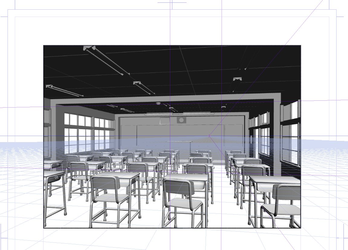 最近3Dを使った作画にハマってまして、この教室もクリップスタジオの3Dモデル使って描きました。やっぱこういう入り組んだ風景は形取るのが一番時間掛かると思うんで、そこを短縮できるのは本当に有り難い。3D最高やで… 