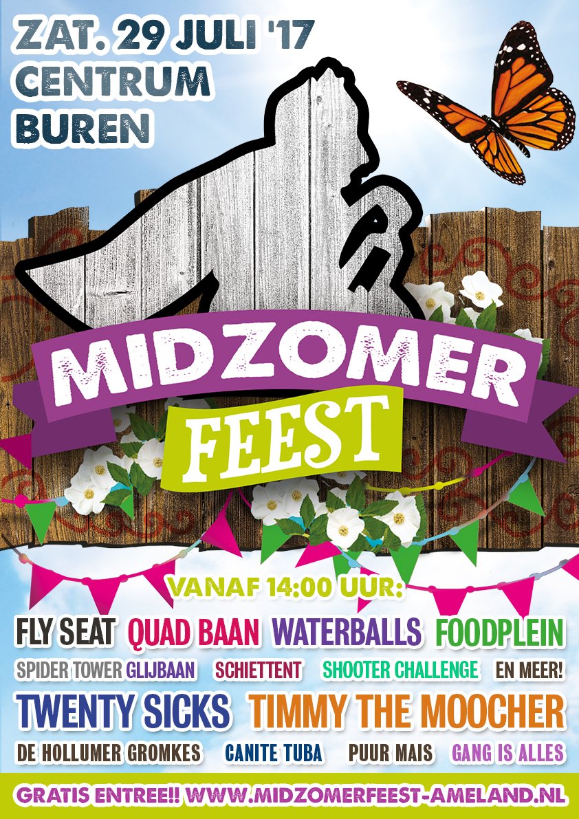 Kom op zaterdag 29 juli 2017 allemaal naar het centrum van Buren voor: Het Midzomerfeest 2017!!
Affiches weer door: Ontwerpstudio AnderS