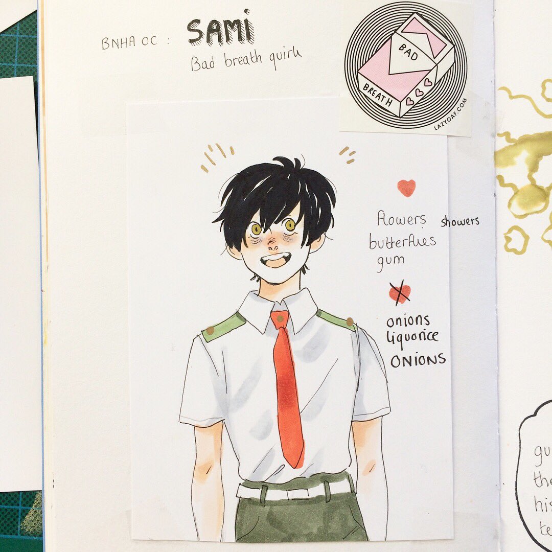 seriously hoppin onto the bnha oc bandwagon with sami and his bad breath quirk (but he loves sweet scents like that of flowers and pastries) 