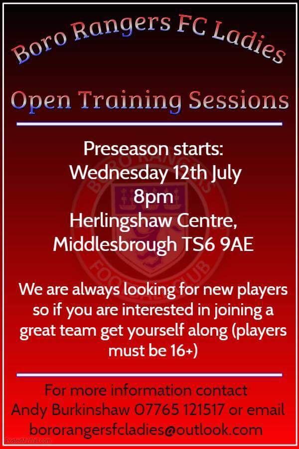NorthRidingFA's tweet photo. Boro Rangers Ladies open training sessions start Wednesday 12th July 8pm at the Herlingshaw Centre. For more info contact Andy 07765121517. https://t.co/R8FpgYyzz7