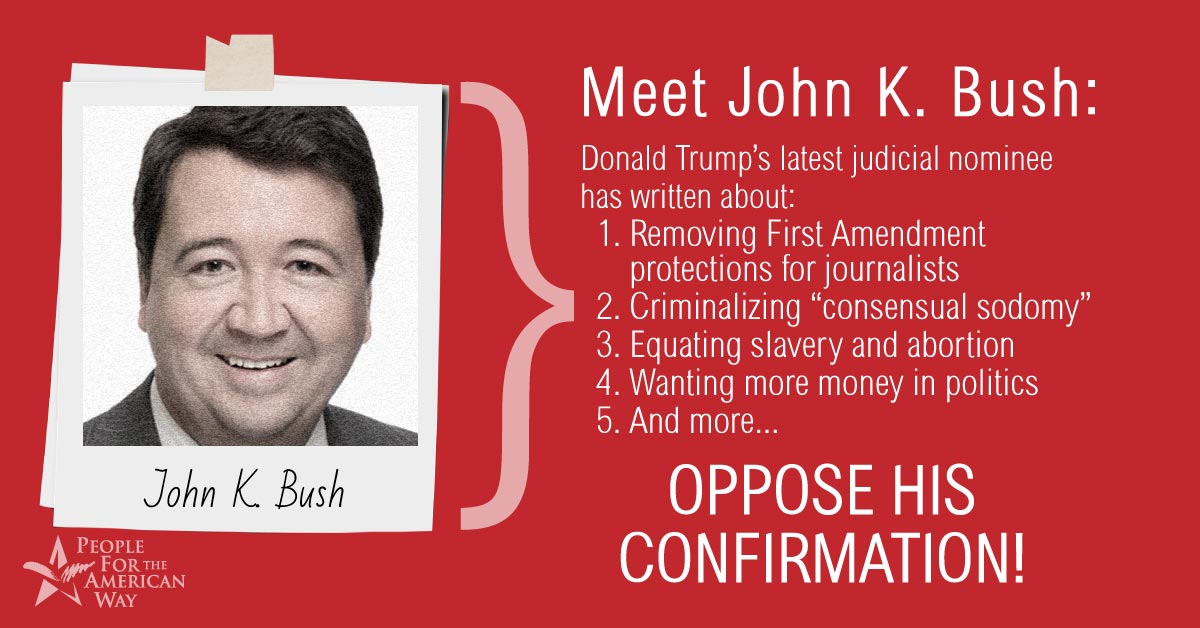 peoplefor's tweet photo. John K Bush is a mirror image of Trump, making up “alt facts” to fit his version of reality. https://t.co/FqSD4jYRsO #StopBush #CourtsMatter https://t.co/5vYQb8tgtN