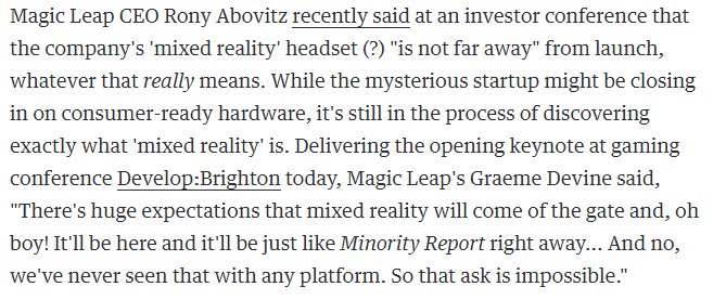 1/ Magic Leap, 2017: coming "soon" but "impossible" to ask for it to be "just like Minority Report right