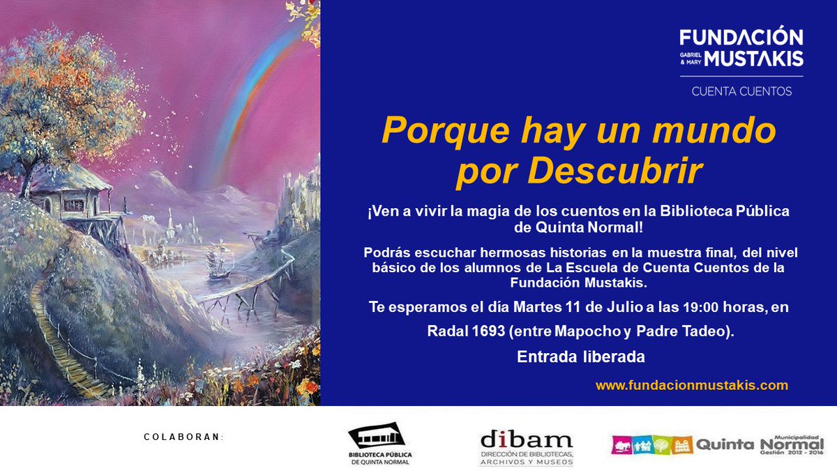 BibliotecaQN's tweet photo. hoy a las 19:00 hrs, muestra de cuentos con #FundacionMustakis , radal 1693 entrada liberada Biblioteca Pública de Quinta Normal https://t.co/qnLEySjcP3