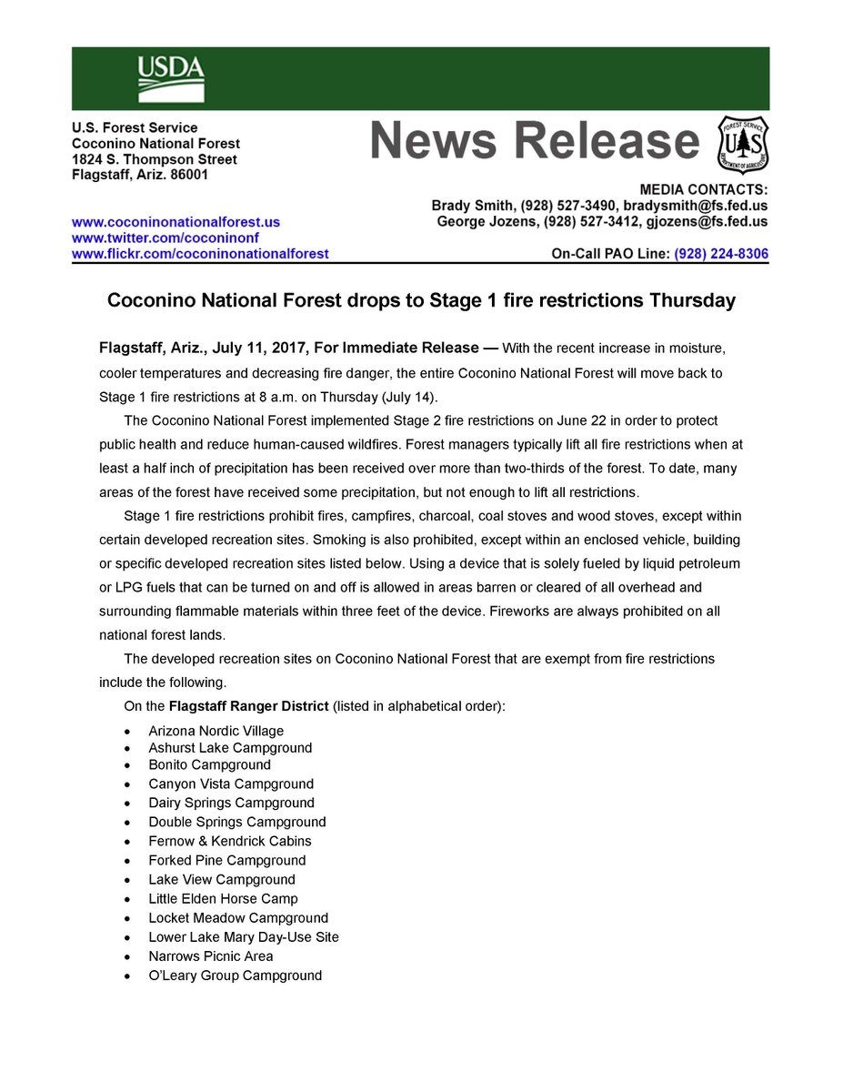 CoconinoNF's tweet photo. Fire restrictions drop from Stage II to Stage I starting Thursday. https://t.co/WRq6TdHyHx https://t.co/TKDNLItVmx