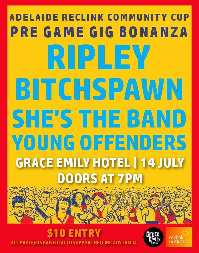 Local Noise (@localnoiseadl) on Twitter photo #NP(10:03) <a href="/ripley_official/">Ripley Anderson</a> + Bitchspawn + <a href="/y0ung0ffenders/">YO</a>
All play <a href="/graceemilyhotel/">Grace Emily</a> Friday for <a href="/AdlCommunityCup/">AdlCommunityCup</a> pre-game gig bonanza! #NP(10:03) <a href="/ripley_official/">Ripley Anderson</a> + Bitchspawn + <a href="/y0ung0ffenders/">YO</a>
All play <a href="/graceemilyhotel/">Grace Emily</a> Friday for <a href="/AdlCommunityCup/">AdlCommunityCup</a> pre-game gig bonanza!