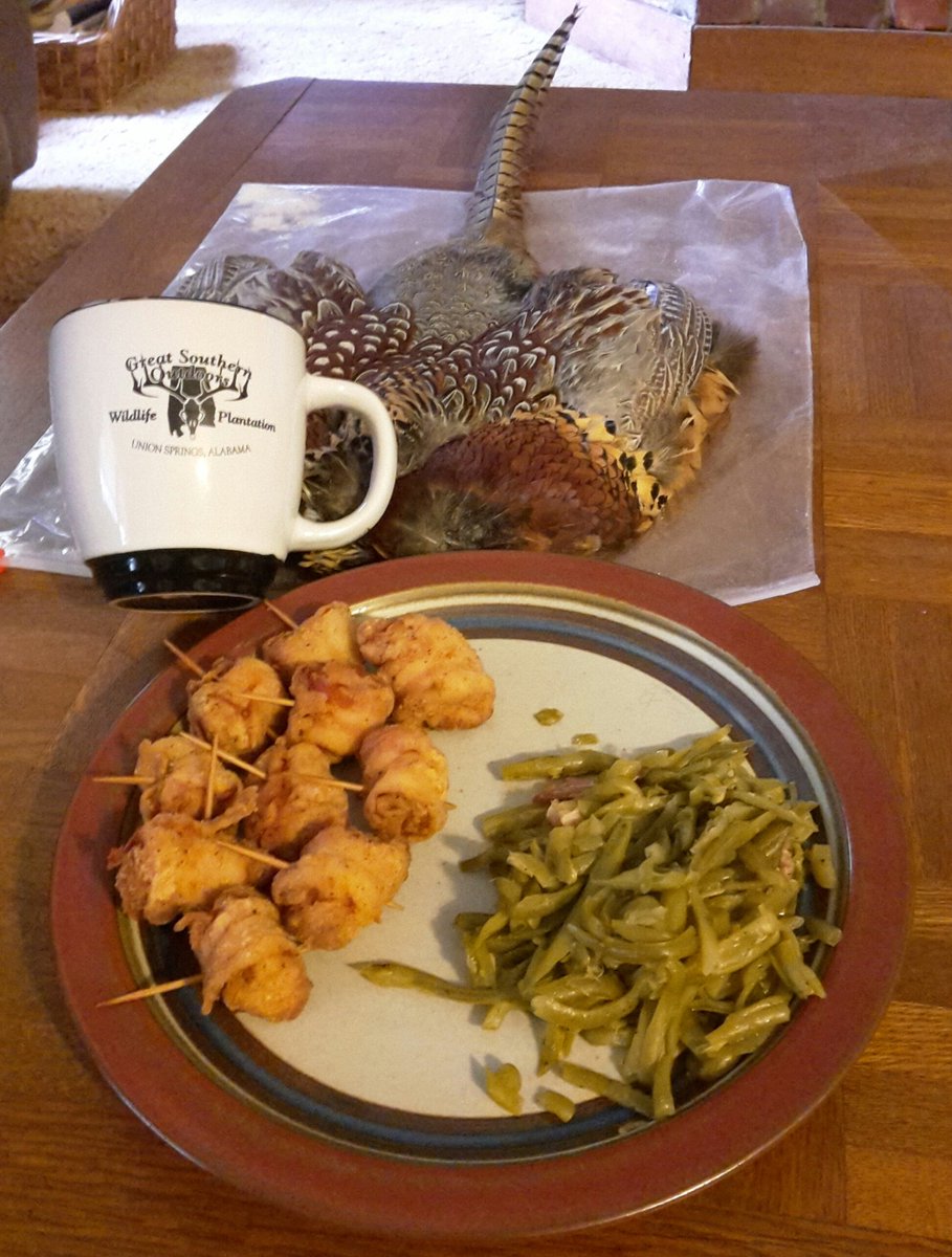 Having and enjoying Bacon wrapped Pheasant with a lite dusting of flour for dinner with green beans. #gsocoffeetime #ladyhunters #livinglife