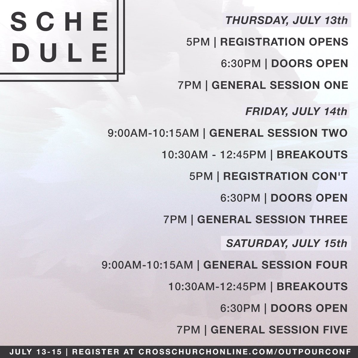 PLEASE SHARE: OUTPOUR 2017!

Here's the layout for Outpour Conference!!
____

Our $30 rate ENDS TOMORROW Night! 

crosschurchonline.com/OutpourConf