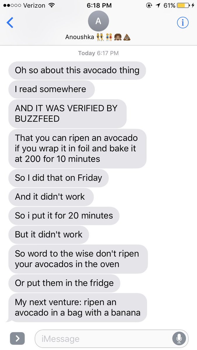 trishala27's tweet photo. Word to the wise according to my sister, ripening an avocado in the oven does NOT work. #buzzfeedfail @BuzzFeed https://t.co/xqBonusyTd
