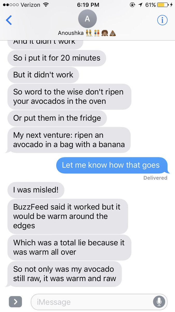 trishala27's tweet photo. Word to the wise according to my sister, ripening an avocado in the oven does NOT work. #buzzfeedfail @BuzzFeed https://t.co/xqBonusyTd