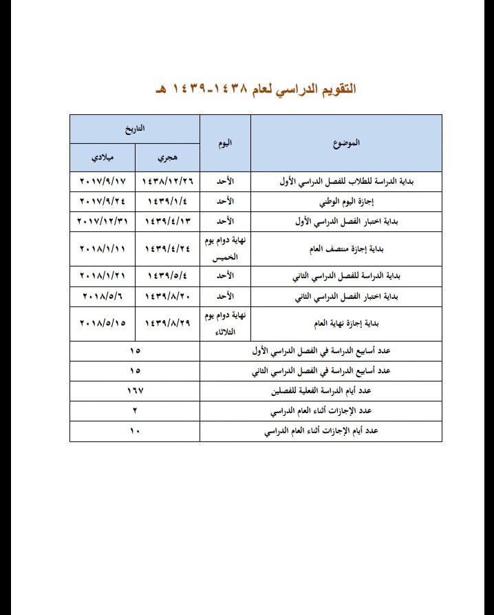 التقويم الدراسي والإجازات لعام 1438هـ بوابة وادي فاطمة الالكترونية