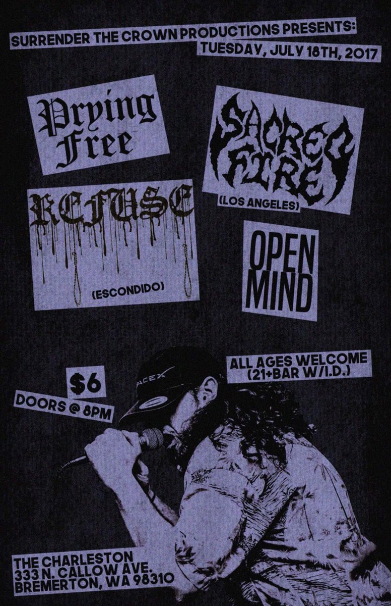 STCbookingnw's tweet photo. Tuesday, July 18th at The Charleston! #PryingFree @SacredFireLA @REFUSEHC & @Open_Mind_HC !!! Doors @ 8pm - $6!!! https://t.co/8mhZ6WOzwc