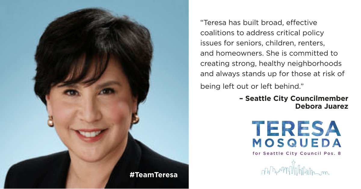 TeresaCMosqueda's tweet photo. Thank you Councilmember @D5Juarez for your *sole* endorsement for Seattle City Council #Position8! I'm incredibly honored. #TeamTeresa https://t.co/4vdZNb8Pai
