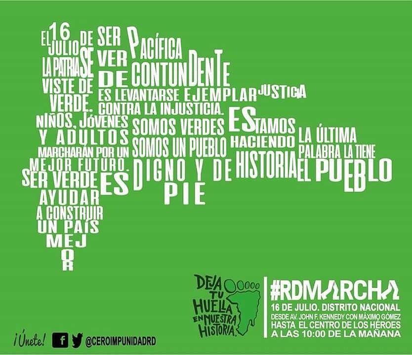 FjdSede's tweet photo. El país está en una sola idea, marchar este 16 de julio por el fin de la impunidad ¡Es hora! #RDMarcha #MarchaVerde https://t.co/0LS55lRNtw