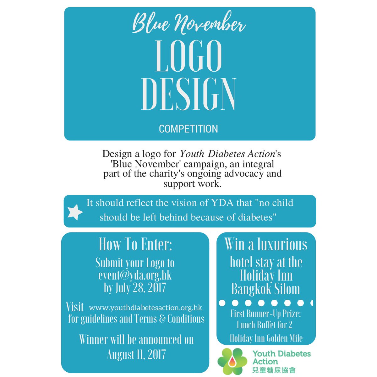Design a winning LOGO for Youth Diabetes Action's Blue Nov campaign, win fabulous dinner buffet for 2 &amp; hotel stay! bit.ly/2tz8Fzi