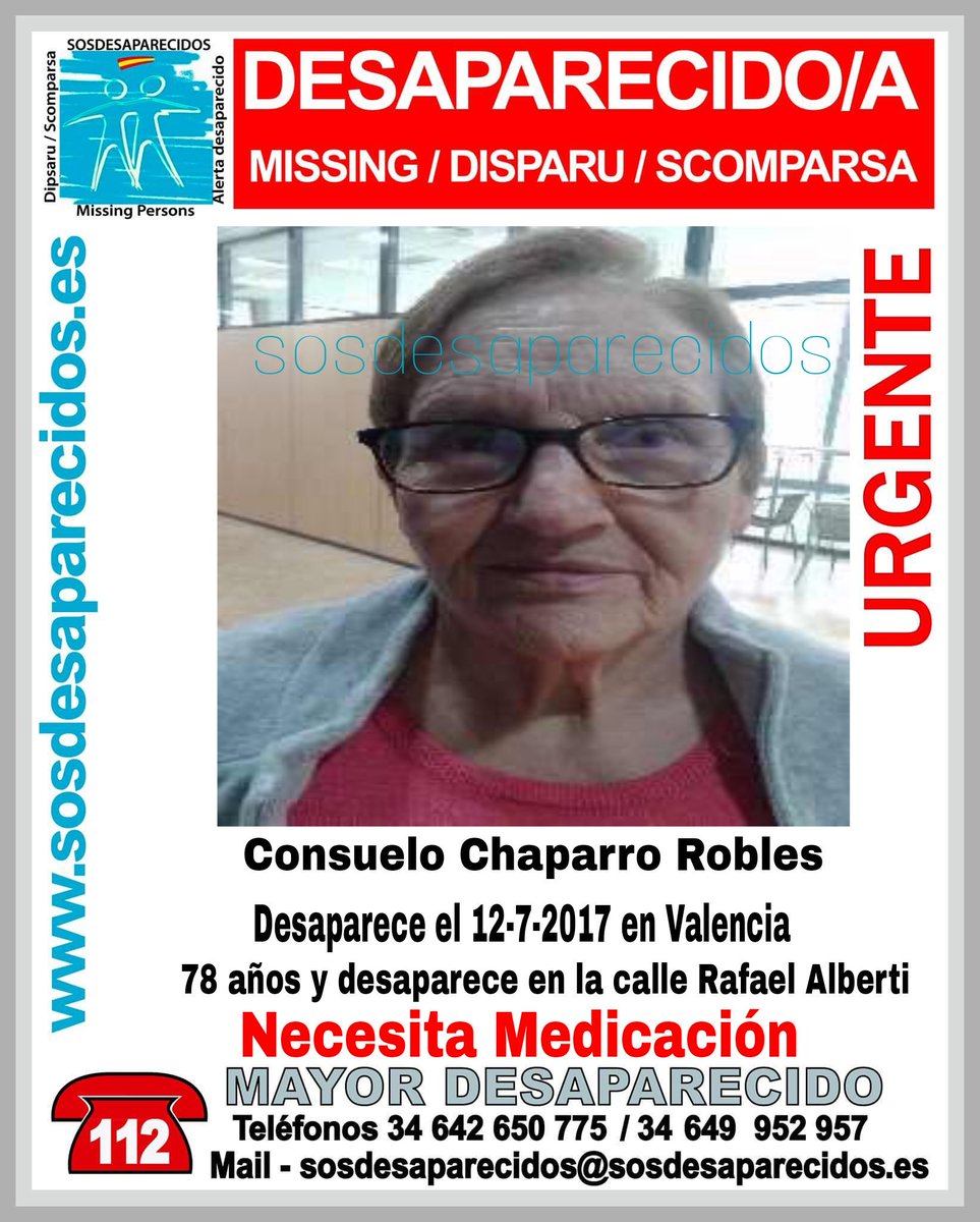 #Urgente
Consuelo es una #mayor que necesita medicación y ha #desaparecido en #Valencia
Si la ves
📞062
📞112
Tu RT puede ayudar mucho