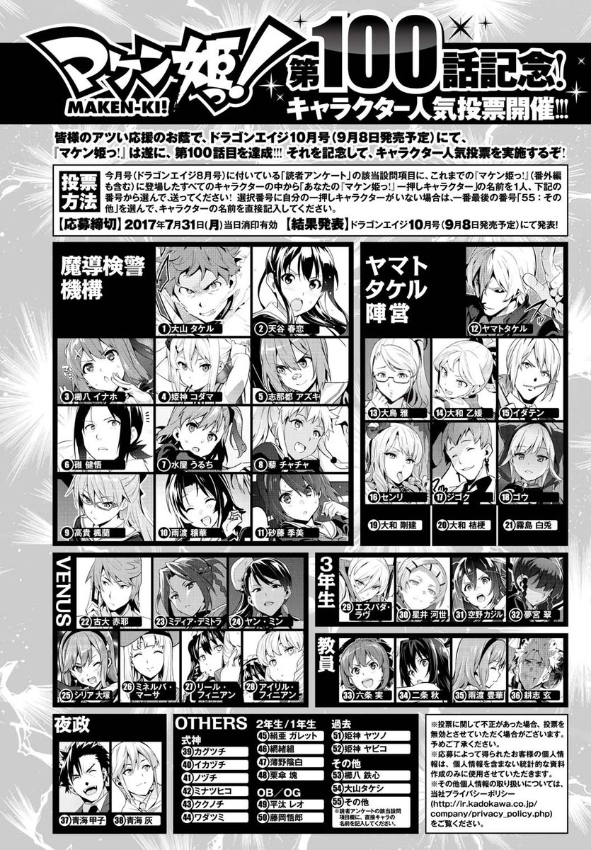 ドラゴンエイジ編集部 V Twitter マケン姫っ 第１００話記念 キャラクター 人気投票実施中 投票方法 現在発売中のドラゴンエイジ８月号に付いている 読者アンケート の該当設問項目に 下記画像の番号から１人選んで書いて 送ってください キャラ