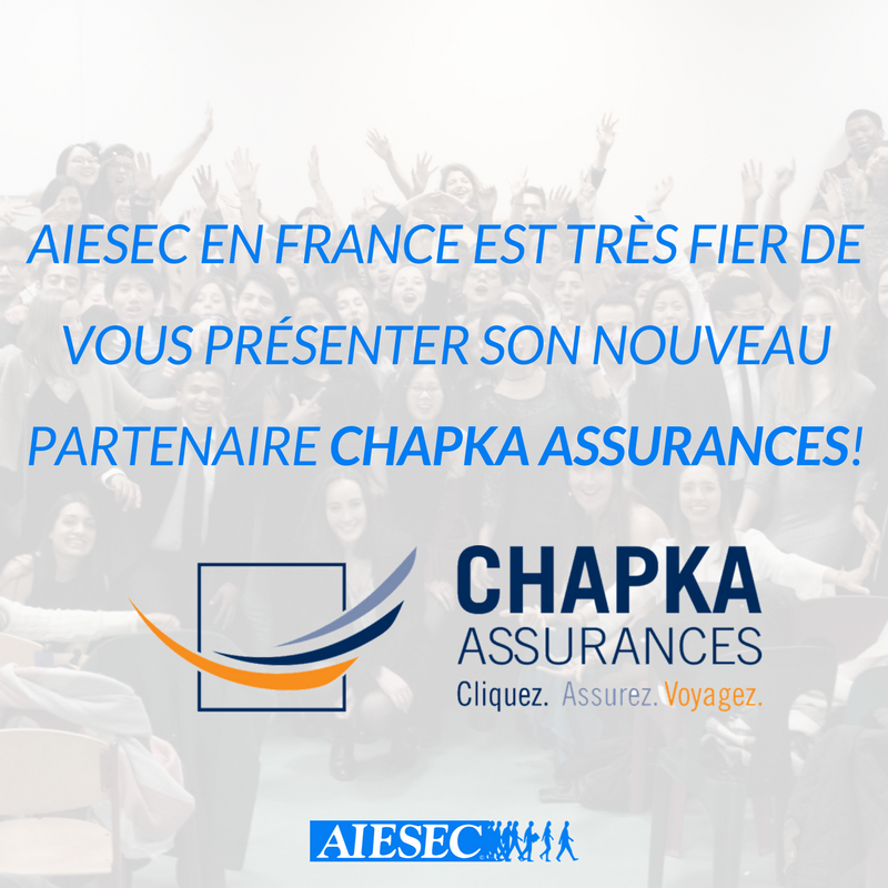 AIESECFrance's tweet photo. AIESEC en France est très fier de vous présenter son nouveau partenaire @chapkassurances ! https://t.co/LlyT18kTs8