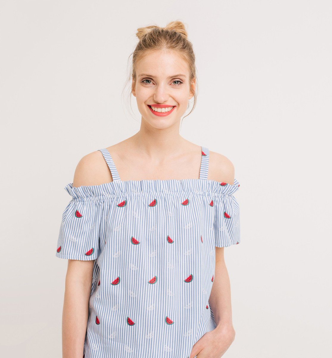 PromodIreland's tweet image. A must-have this summer! Bare-shouldered top with gentle stripes and cute watermelon pattern all over 🍉
#Promod