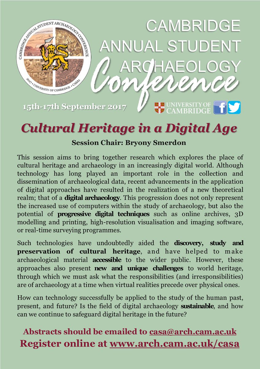 ASA Conference (@asaconference) on Twitter photo How is #tech changing the face of modern archaeology? Come to this session and find out more! #culturalheritage #CASA2017 <a href="/UCamArchaeology/">Cambridge Archaeology</a> How is #tech changing the face of modern archaeology? Come to this session and find out more! #culturalheritage #CASA2017 <a href="/UCamArchaeology/">Cambridge Archaeology</a>