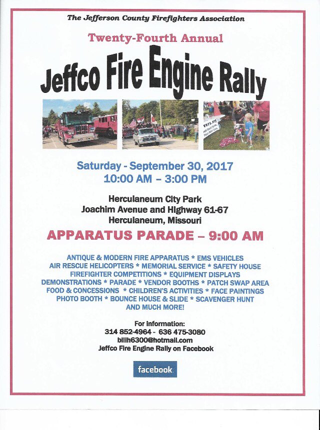 antoniafire's tweet image. The 24th Annual Jeffco Fire Engine Rally will be at the Herculaneum City Park on Saturday September 30th, 2017 from 10:00am til 3:00pm.