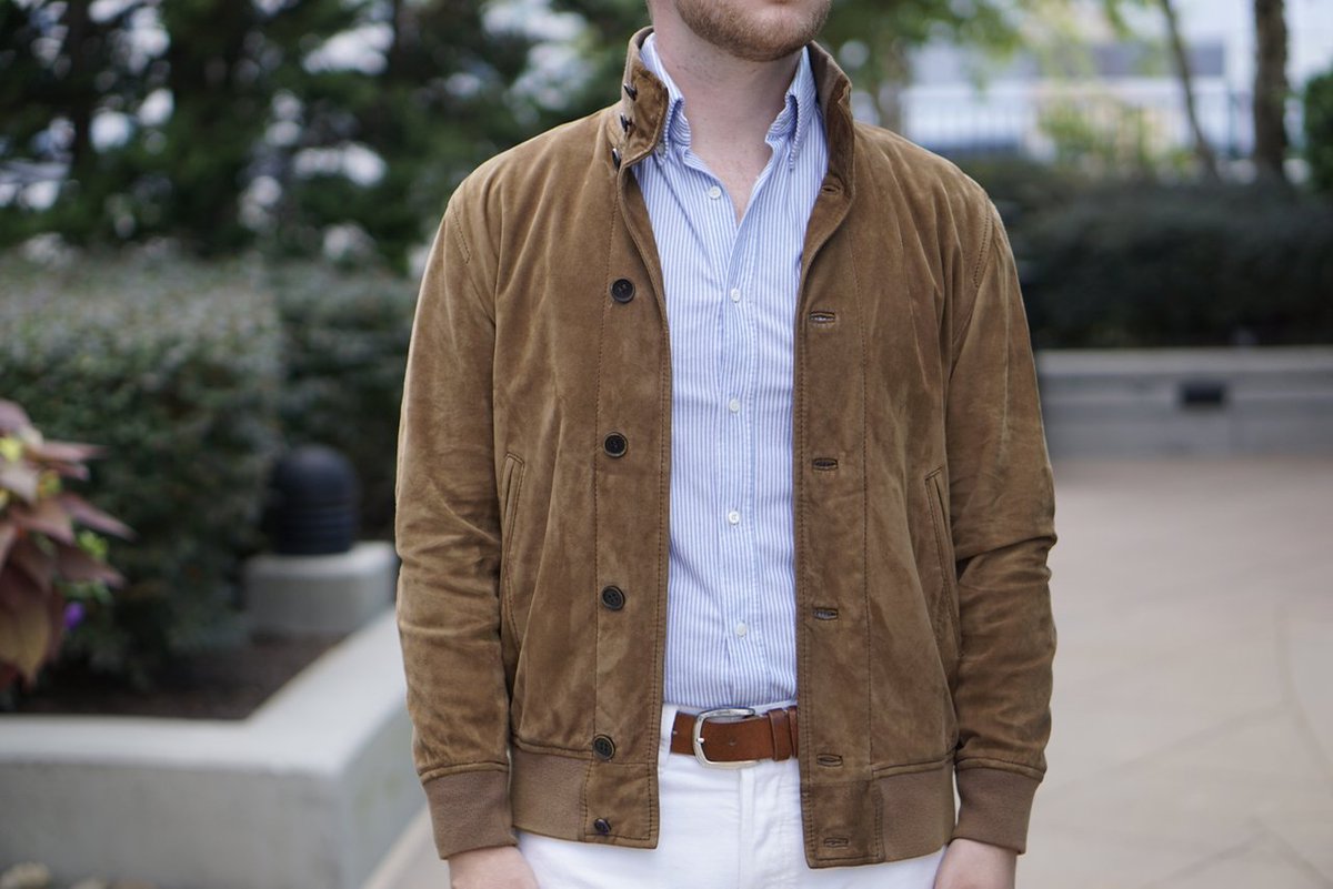 StyleWithJosh's tweet image. The mornings are still a little cool in the shade. This lightweight @Cucinelli shirt and suede bomber are perfect for AM errands.