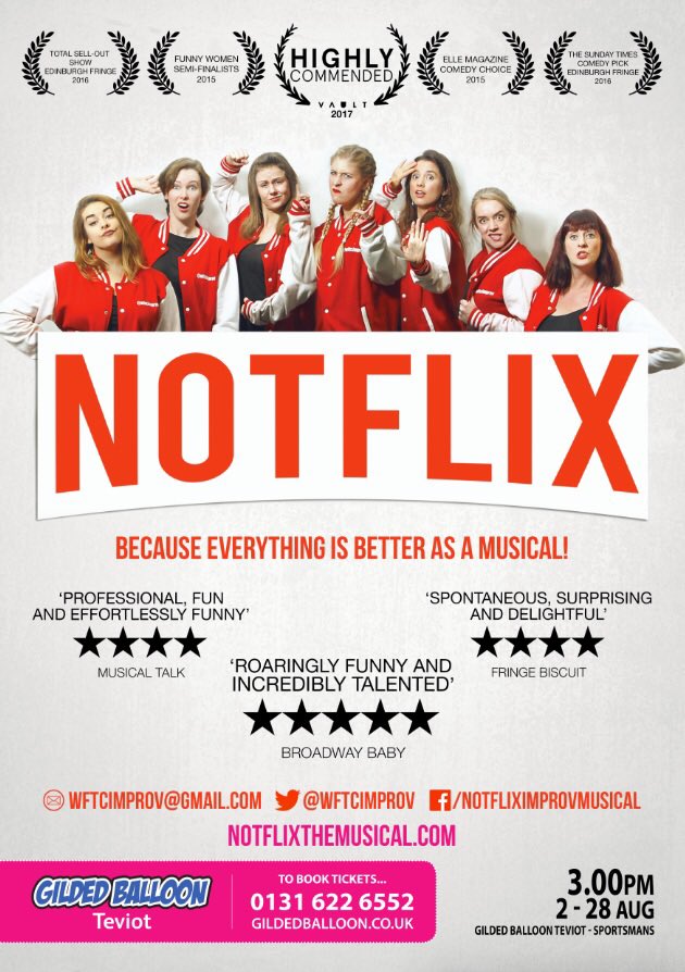 NotflixMusical's tweet image. If you are at @edfringe this August #NotflixandChill with us at @Gildedballoon 3pm!
Tickets on sale now! Link in bio