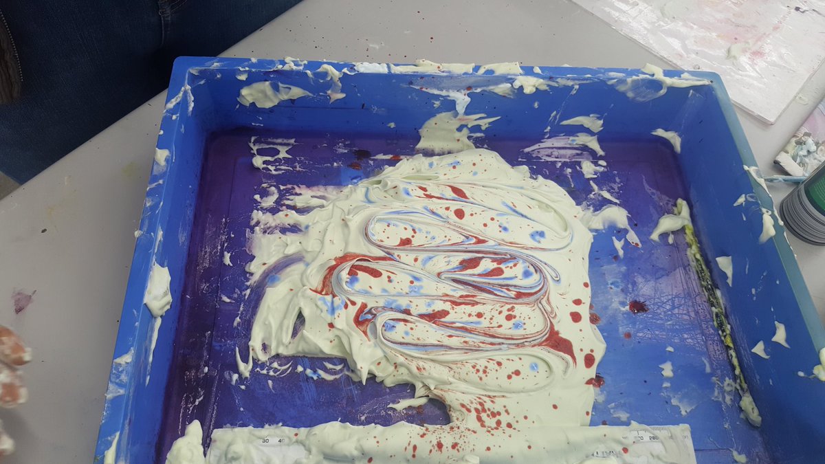 HighdownDT's tweet photo. Creating fabric prints: marbling with shaving foam and food colouring for Sixth Form Unwrapped with Year 10 Textiles https://t.co/k9fy1mTcoi
