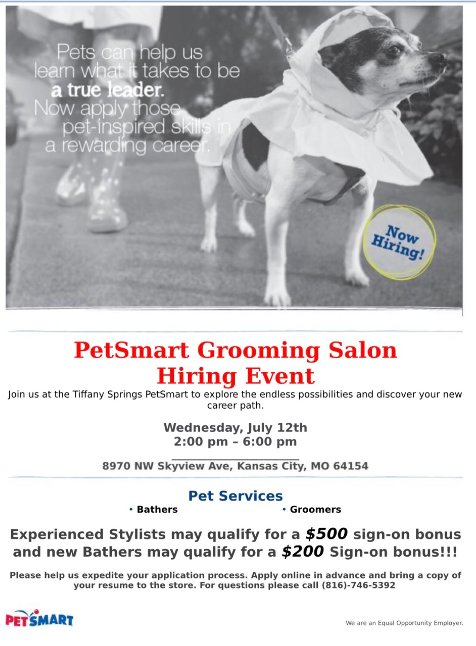 <a href="/PetSmart/">PetSmart</a> is growing in #KansasCity! #Hiring event today!! Looking forward to seeing you there.  <a href="/davidrmichael/">David R Michael</a>  #pets #Grooming