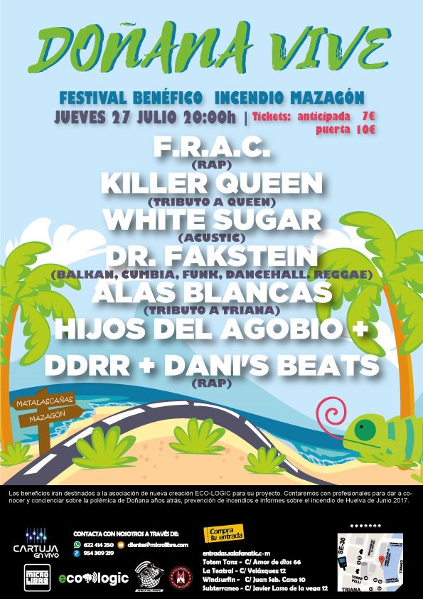 🌳🌳DOÑANA VIVE!🌳🌳
Festival benéfico orientado a apoyar la desgracia sucedida en Doñana, buena música buen precio y buena gente, te vienes? 😉