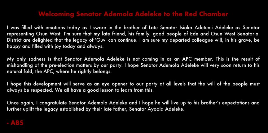 Newly-elected senator for Osun-West, Ademola Adeleke (PDP-Osun), has taken oath office to replace the late Isiaka Adeleke who died on April 23.