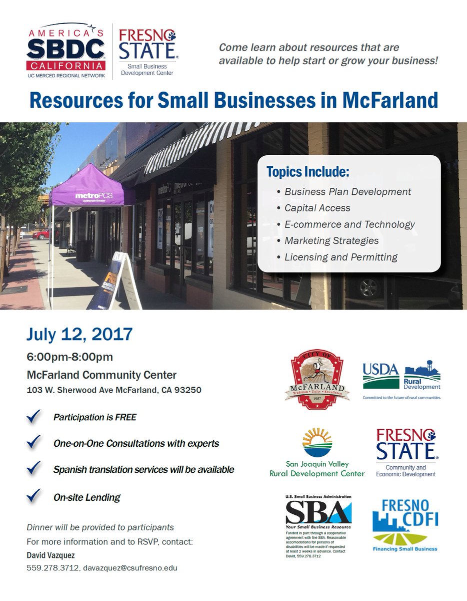 Resources for Small Businesses in McFarland #tonight #wednesdayworkshop #mcfarland #community #business #help #growth #BeBOLD #FRESNOSTATE