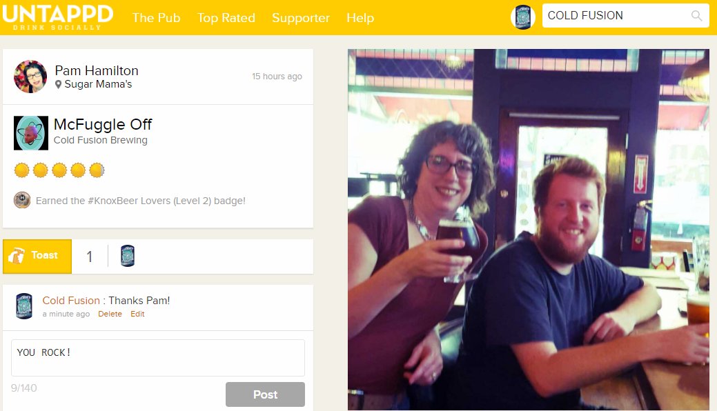 ColdFusionBrewing (@coldfusionbeer) on Twitter photo We met <a href="/PamHamiltonArt/">Pam Hamilton</a> a month ago at @SugarMamasKnox. Grateful that w/ all the beer choices out there, she's still choosing ours! Thanks! We met <a href="/PamHamiltonArt/">Pam Hamilton</a> a month ago at @SugarMamasKnox. Grateful that w/ all the beer choices out there, she's still choosing ours! Thanks!