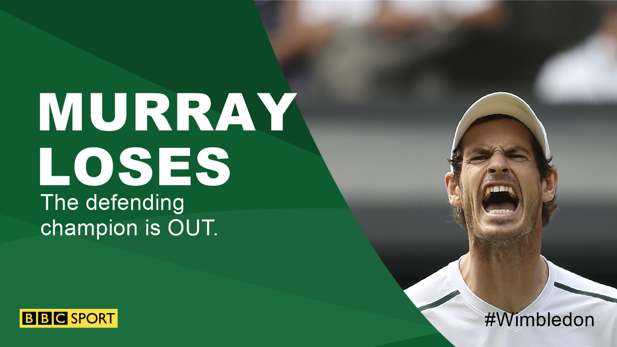BBCSport's tweet photo. Andy Murray is OUT 😮

The defending champion misses out on the #Wimbledon semi-finals as Sam Querrey sails through.

https://t.co/p9ruqW1IiJ https://t.co/KGNuYpHpBK
