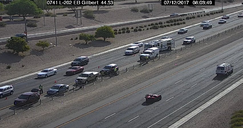 ArizonaDOT's tweet image. L-202 (Santan) WB at Gilbert: Left lane blocked for a crash. #PhxTraffic