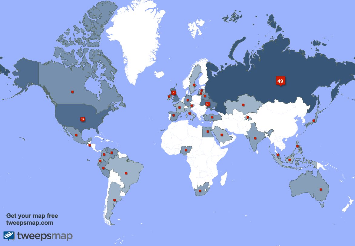 SamFollowah's tweet photo. My followers are in Russia(48%), USA(13%)... Get your map too: https://t.co/8amlLxHIQ6 https://t.co/FAKXmRiPGL