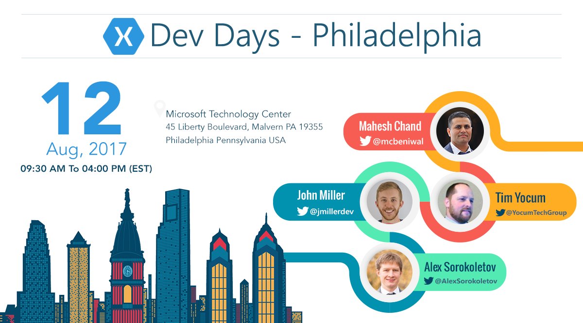 CsharpCorner's tweet image. #XamarinDevDays is here in Philadelphia. Join us on August 12 to get a fresh overview of #Xamarin development. goo.gl/kuDxtf
