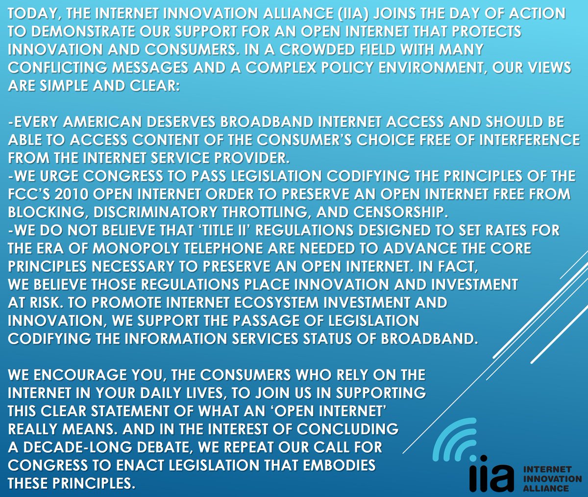 IIABroadband's tweet image. #OpenInternet #FCC #FreeTheNet #TitleII #broadband #tech

IIA&apos;s #DayofAction statement:
