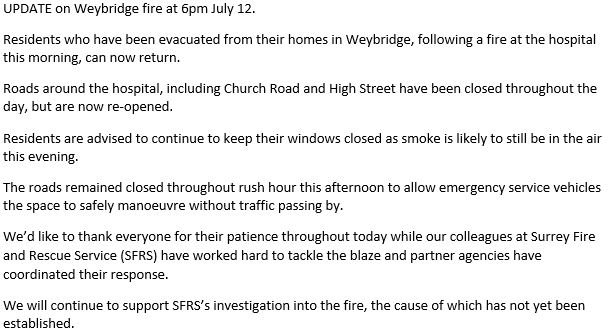Roads re-opened / evacuated residents can return home – full update on #Weybridgefire below, our thanks today to <a href="/SurreyFRS/">Surrey Fire & Rescue Service</a>