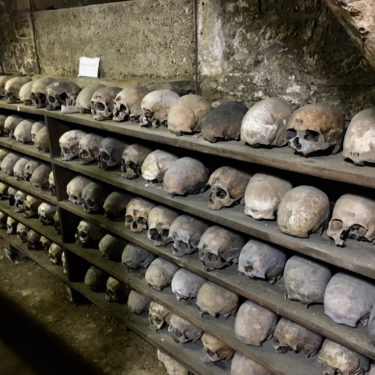 13th century charnel house - Rothwell, Northants. Radiocarbon dating suggests bones from 1250-1900(?!).Open Sundays 2-5pm if you fancy it...