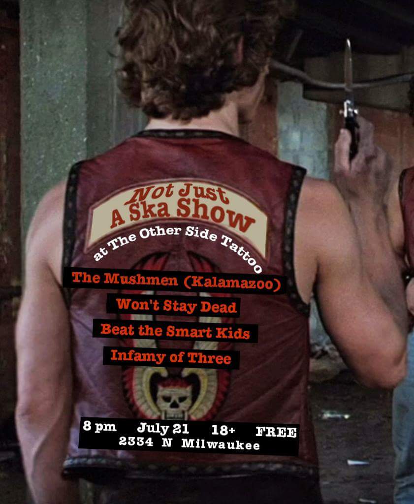 Our next show is 18+ and FREE at The Other Side Tattoo shop in Chicago! July 21st 8pm #ska #supportlocalmusic #btsk