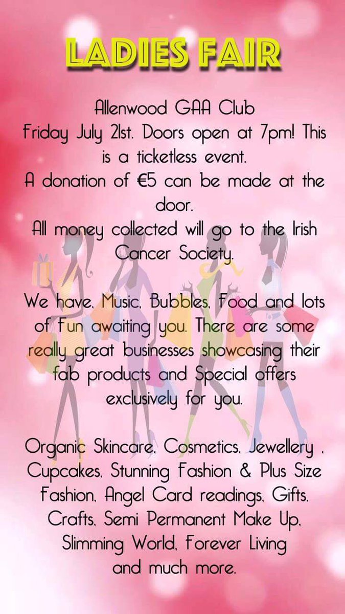 <a href="/KildareHour/">#KildareHour</a> local ladies evening on July 21st, proceeds go to Irish Cancer Society, please RT #kildarehour #ladiesnight