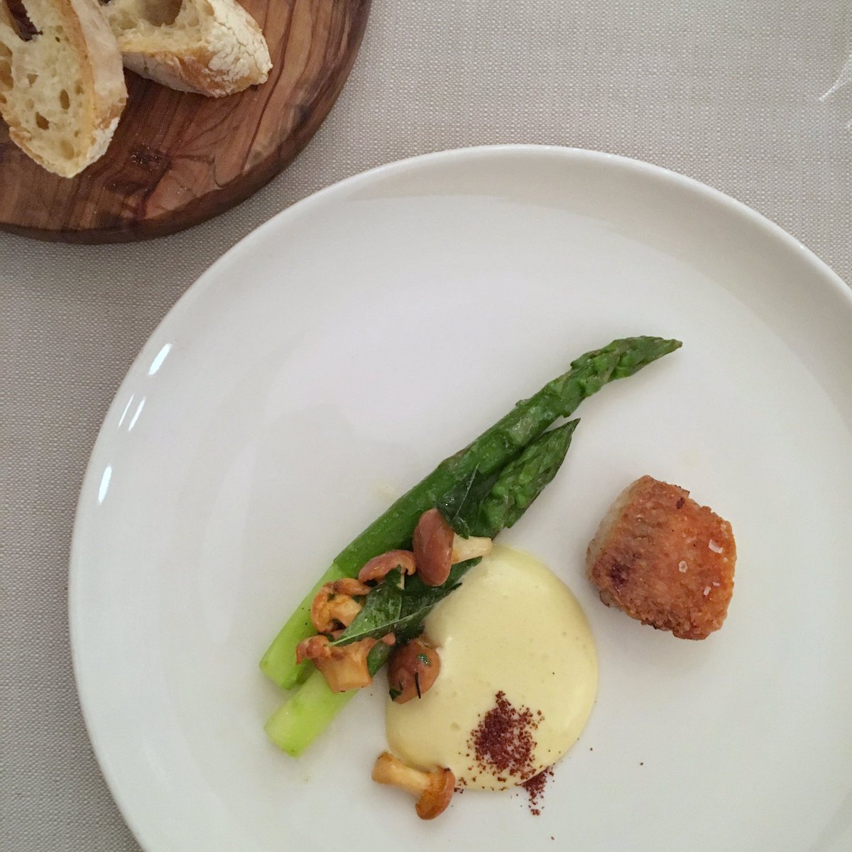 The fabulous food at Wild Honey tonight - starting with this asparagus and boneless chicken wing with wild mushroom and hollandaise